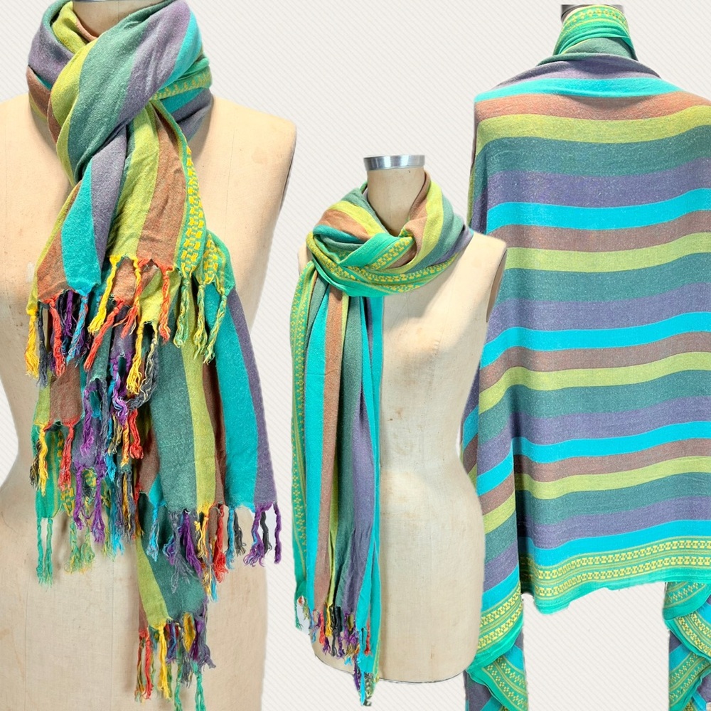 Candy stripe‎ long wide scarf with fringe multicolor rainbow wrap shawl throw